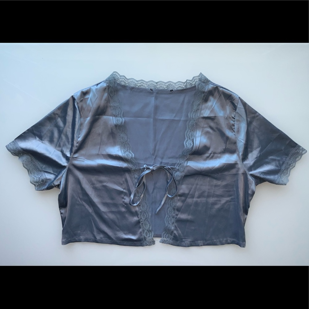 Satin blue tie top with lace trim